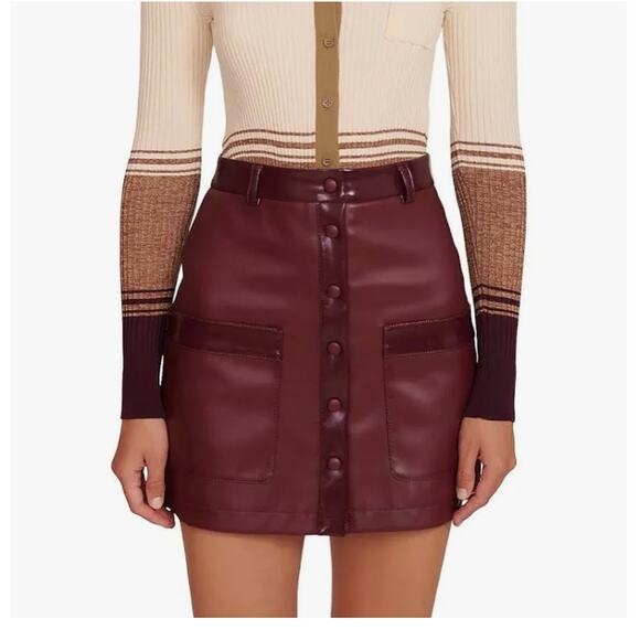 STAUD Paper Skirt Faux Leather Snap Front Mini Skirt Plum - Picture 1 of 8